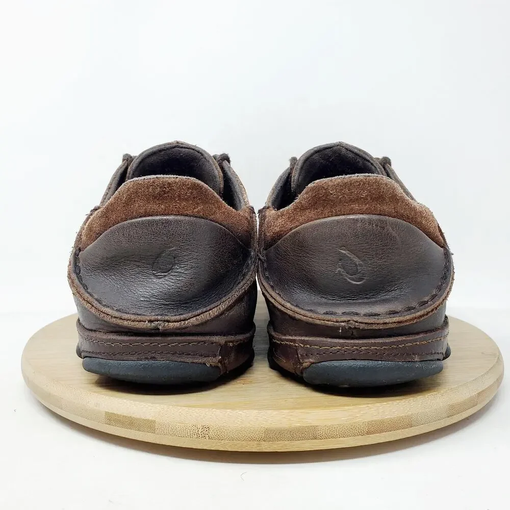Olukai Hano Shoe Men 8.5 Brown Leather Oxford Slip On‎ Fold Down Heel WORN